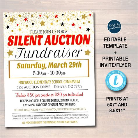 Silent Auction Flyer Ticket Set, Fundraiser Event Signs, School Pto Pta ...