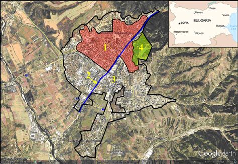 The city of Blagoevgrad and its surroundings. Urban zones: 1 – Densely ...