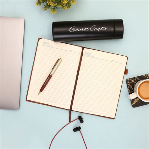 Personalized Brown Diary Pen And Black Bottle Combo