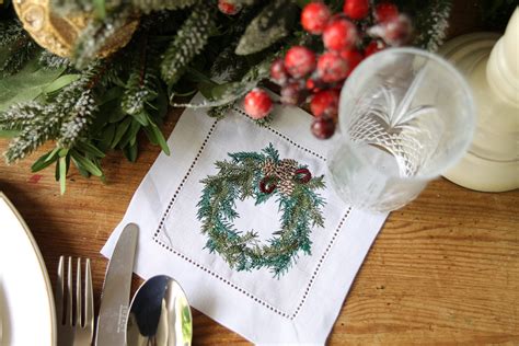 Christmas wreath cocktail napkin | The Embroidered Napkin Co