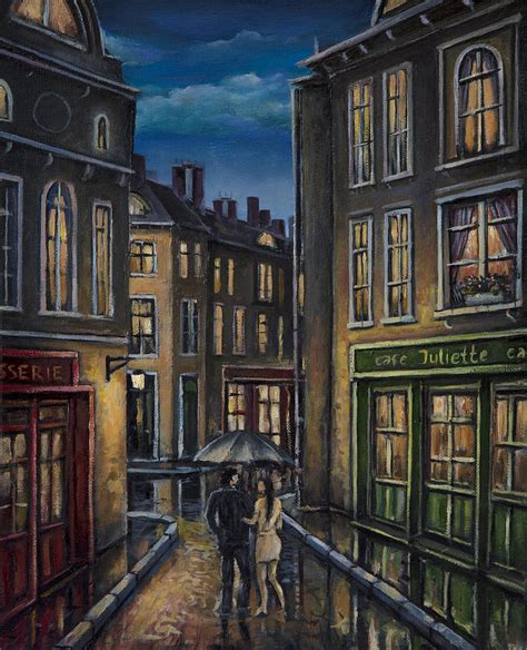 Paris Couple At Night Street Scene Painting by Radoslav Nedelchev