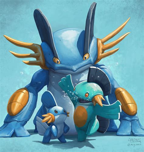 Mudkip, Marshtomp, and Swampert by mcgmark on DeviantArt