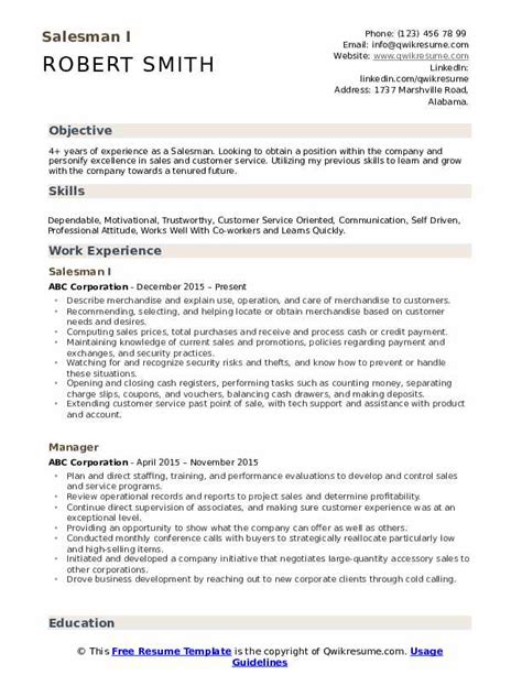 Salesman Resume Samples | QwikResume