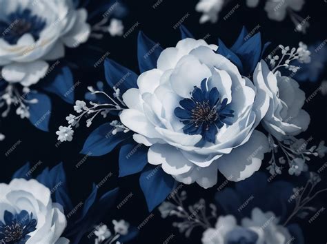 Premium AI Image | Dark Blue and White Watercolor Floral Design