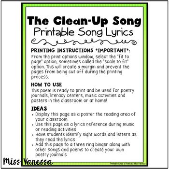 Printable Clean Up Song Lyrics by Miss Vanessa | TpT