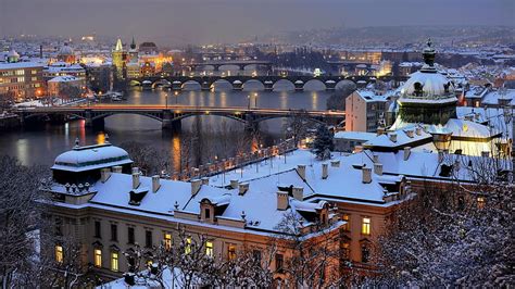 Winter, snow, cityscapes, Prague, Czech Republic, evening HD wallpaper ...