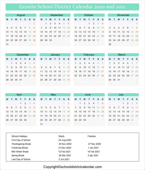 Granite School District Calendar Holidays 2020-2021