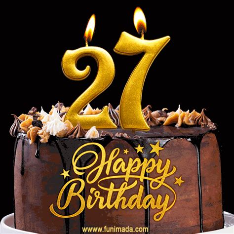 27 Birthday Chocolate Cake with Gold Glitter Number 27 Candles (GIF ...