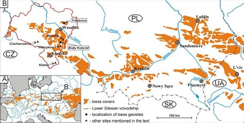 A-Map of loess distribution in Europe; B-Location of all Lower Silesian ...