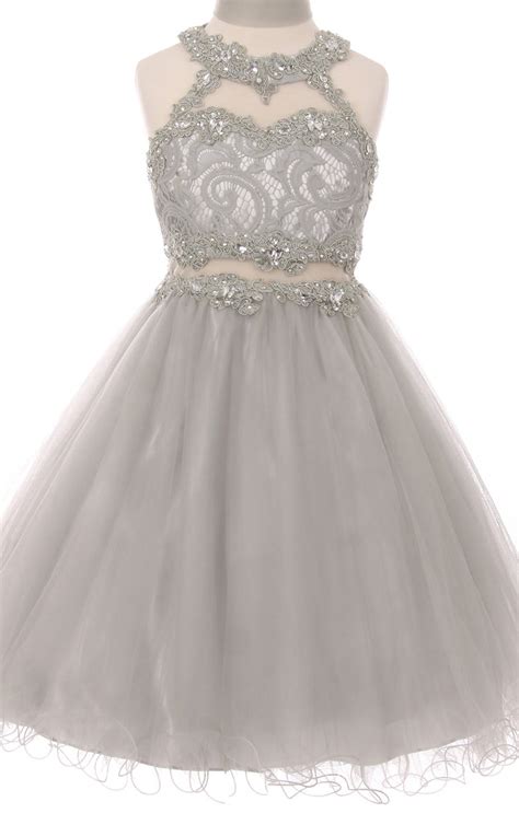 Big Girls' Sparkle Rhinestones Halter Lace Junior Bridesmaid Pageant ...