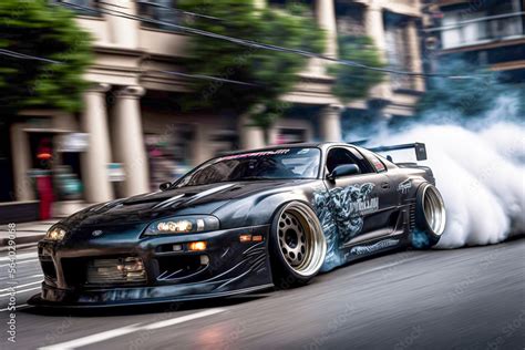 Tuned Toyota Supra drifting through Los Angeles. Generative AI. Stock ...