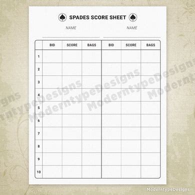 Spades Score Sheet Printable Form