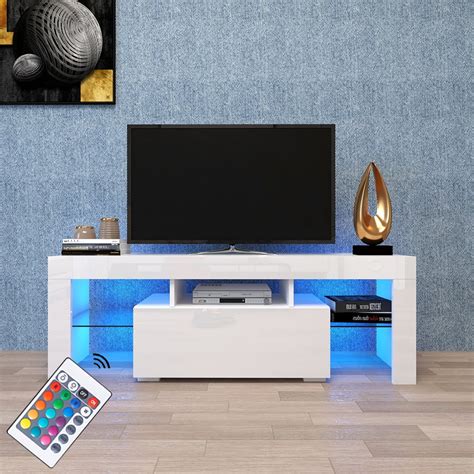 Modern White TV Stand on Clearance with LED Lights, High Gloss 12 ...