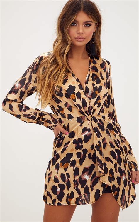 Leopard Print Satin Long Sleeve Wrap Dress | PrettyLittleThing AUS