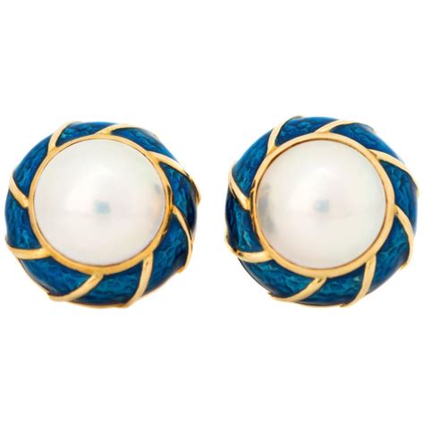 Tiffany and Co. Pearl and Enamel 18 Karat Yellow Gold Earrings For Sale ...