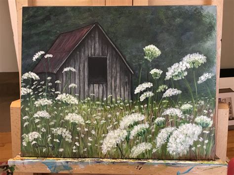 Old barn in wild flowers | Farmhouse paintings, Landscape art painting ...