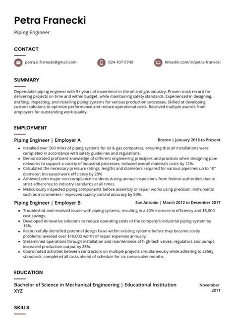 Piping Engineer Resume (CV) Example and Writing Guide