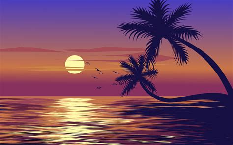 Sunset scenery with sea view and palm trees. Vector landscape ...