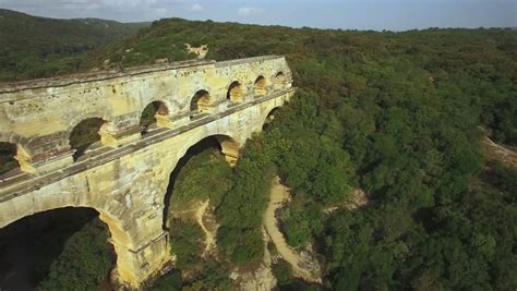 Europe, France, Gard, Aerial View Of The Roman Bridge Over The Gard River, Le Pont Du Gard ...