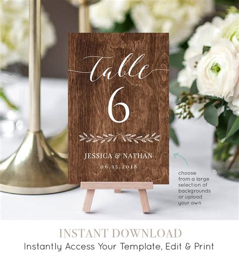 Wedding Table Number Card Printable, Rustic Reception Seating Template ...