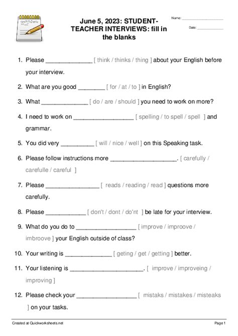 June 5, 2023: STUDENT-TEACHER INTERVIEWS: fill in the blanks - Fill-in ...