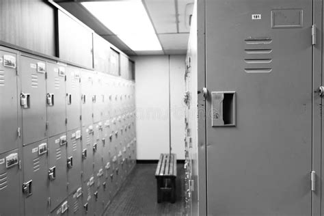 Close Up Lockers in Gym, School and Plant in Black and White Stock ...