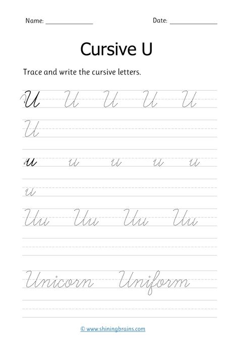 Cursive u - Free cursive writing worksheet for small and capital u practice