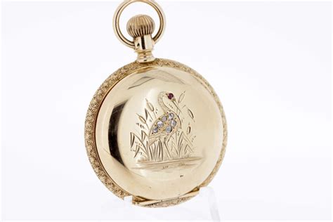 14K Gold Pocket Watch with Hand Engraved Crane Elgin