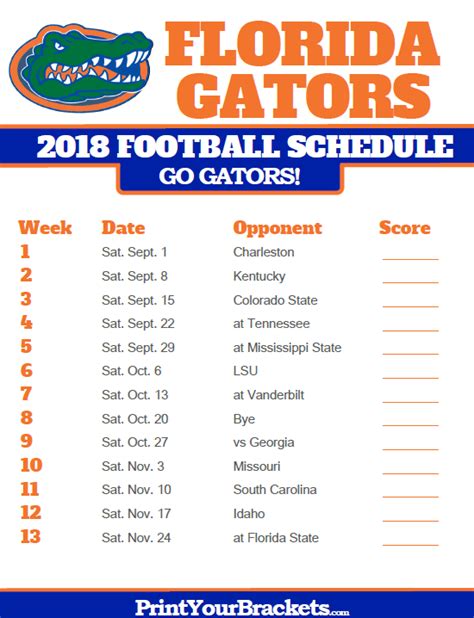 2018 Printable Florida Gators Football Schedule | Florida gators ...