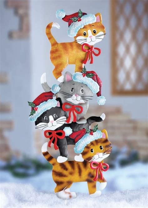 Cats Whimsical Cute Festive Metal Cat Wearing Santa Hats Christmas ...