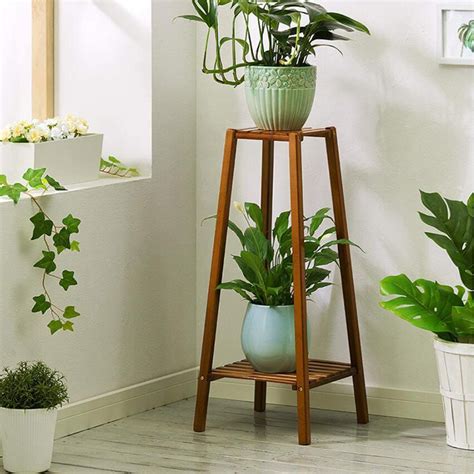 Magshion Bamboo 2 Tier Tall Plant Stand Pot Holder Small Space Table ...