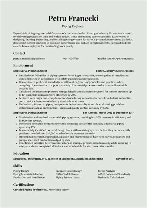 Piping Engineer Resume (CV) Example and Writing Guide