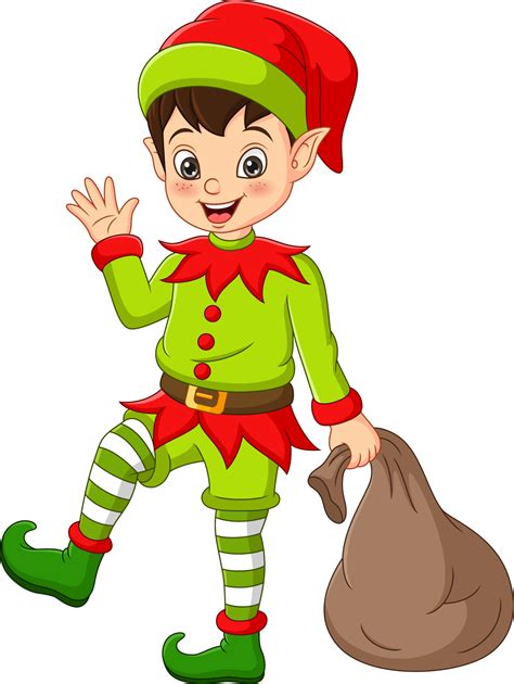 Cartoon happy christmas elf with bag 4993760 Vector Art at Vecteezy