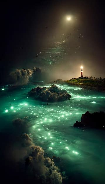 Premium AI Image | Lighthouse in the middle of the ocean at night ...