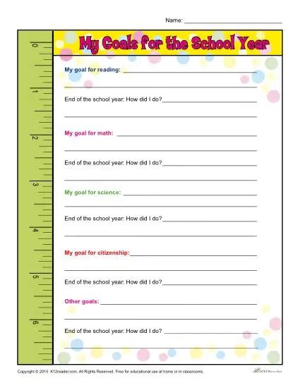 Back to School Goals Worksheet for Elementary School