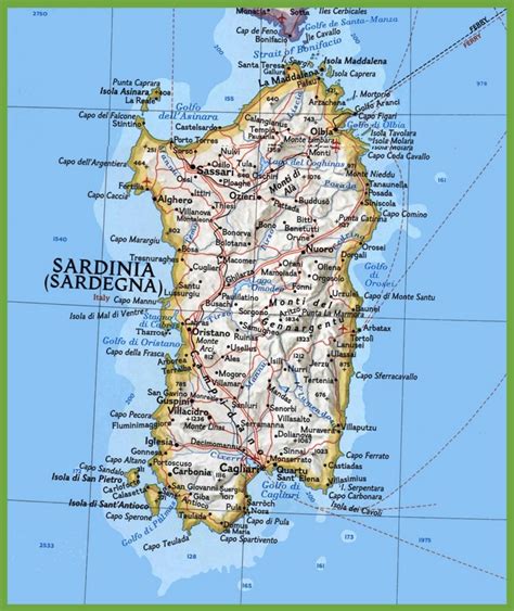 Map of Sardinia with cities and towns