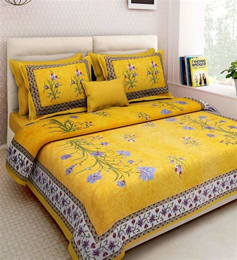 Flower Plant Design Yellow Cotton King Size Double Bed Sheet with 2 ...