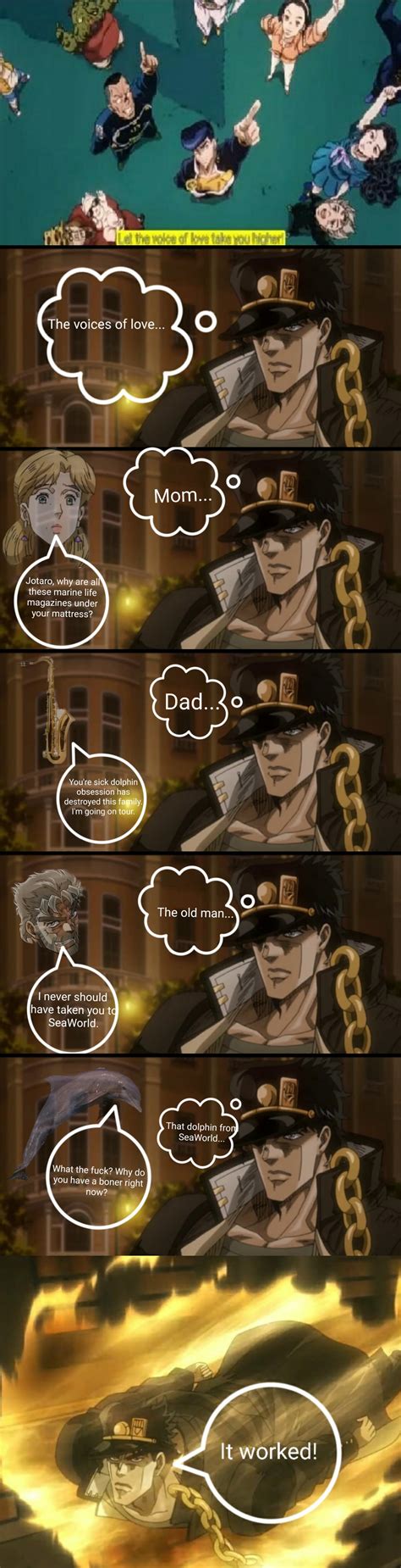 A meme in which the voices of love take Jotaro Jotaro higher : r ...