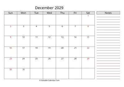 Editable Calendar December 2029 in Excel, Word, PDF