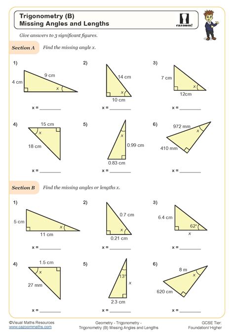 Trigonometry (B) Missing Angles and Lengths Worksheet | Cazoom Maths ...