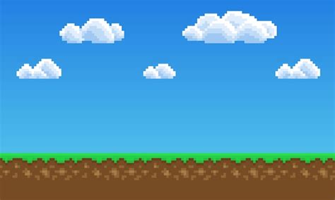 Premium Vector | Pixel art game background, grass, sky and clouds