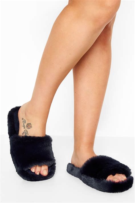 Navy Vegan Faux Fur Slippers In Regular Fit | Yours Clothing