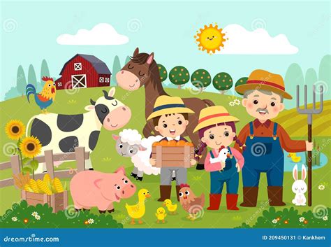 Cartoon of Happy Farmer and Kids with Farm Animals on the Farm Stock ...