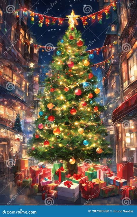 Anime Style: Christmas Tree Decorated with Blinkers with Gift Boxes ...