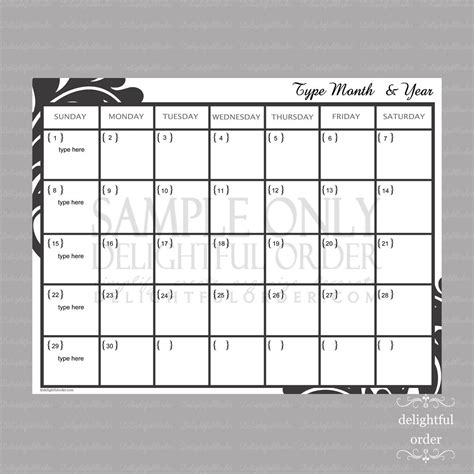 Editable Monthly Calendar 1 PDF Printable by DelightfulOrder