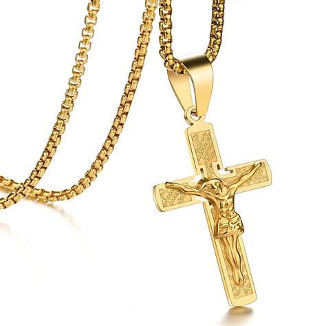 Golden Jesus Cross Necklaces Pendants For Men Gold Color Stainless ...