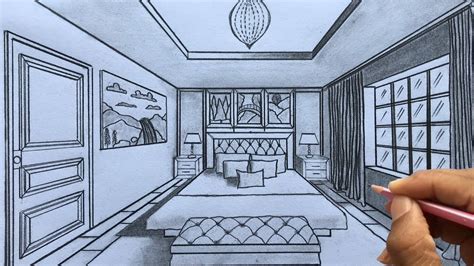 One Point Perspective Drawing Of A Bedroom