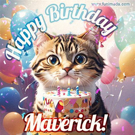 Happy birthday gif for Maverick with cat and cake | Funimada.com