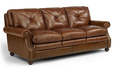 Flexsteel Latitudes-Suffolk Leather Stationary Sofa with Nailhead Trim ...