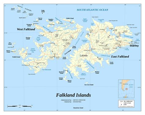 Large detailed political map of Falkland Islands with relief, roads and ...